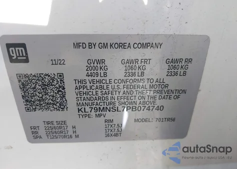 2023 Chevrolet Trailblazer Awd Ls z USA, uszkodzony, nr VIN KL79MNSL7PB074740